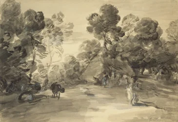 Boslandschap met Figuren, Huisje en Koe, ca. 1785