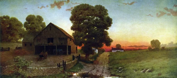 Een zonsondergang in New Hampshire, ca. 1910. Naar Thomas Moran (1837-1926) Engels-Amerikaanse kunstenaar. Verenigde Staten Landschap Weide Boerderij Schuur Kar Boom Lucht Avond