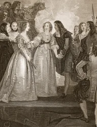 Karel II ontvangt de hertogin van Orléans in Dover, gegraveerd door W. Bromley, illustratie uit David Hume
