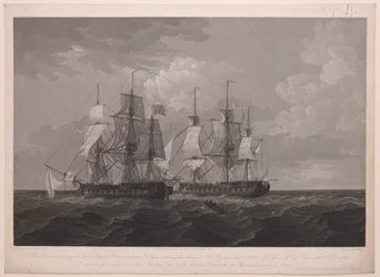 Deze plaat toont het Franse fregat La Proserpine van 40 kanonnen die haar kleuren strijkt voor Zijne Majesteits fregat Dryad van 36 kanonnen bij Kaap Clear, op 13 juni 1796... opgedragen aan Kapitein... Lord Amelius Beauclerk...