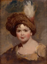 Portret van een jongen in bruin kostuum met een gepluimde hoed (schets) (olieverf op doek)