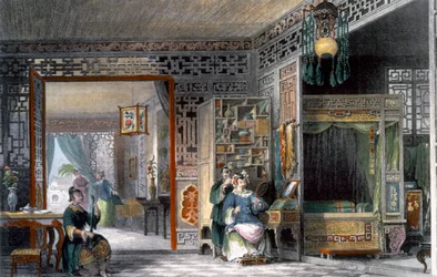 Boudoir en slaapkamer van een dame van rang, China, 1843