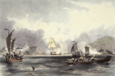 HM Schepen Imogene en Andromache passeren de Batterijen van de Bocca-Tigris, ca. 1850