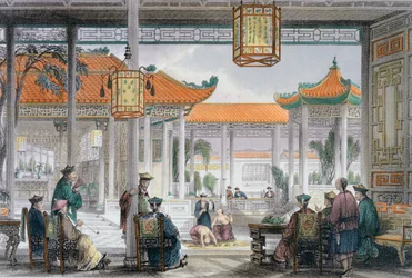 Goochelaars in de hof van een mandarijnenpaleis, China