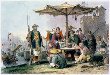 Rijstverkopers bij het militaire station van Tong-Chang-Too, China, 1843