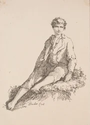 Specimens of Polyautography: Jongen zittend op een grasrijke oever, 1803
