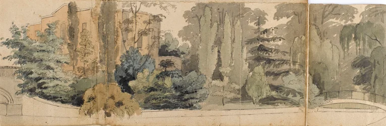 Een uitzicht op de voorkant van Merton Place, gezien vanaf de overkant van de rivier, met twee bruggen