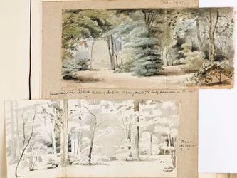 Deel van de tuinen bij Merton met een prieel en bomen