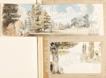 Het huis en de tuinen in Merton vanuit het zuidoosten