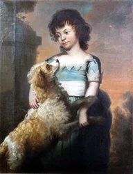 Portret van een meisje in een blauwe jurk met een hond