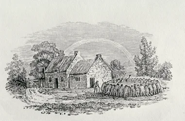 Hanenstrijd buiten een herberg, ca. 1801, uit „Landbirds”, gepubliceerd in 1805
