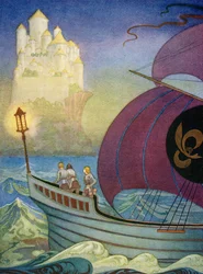 De ridder Perceval nadert Camelot over zee