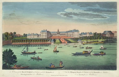 Een uitzicht op het Koninklijk Hospitaal in Chelsea en de Rotunda in Ranelaigh Gardens, uitgegeven door Robert Sayer, 1751