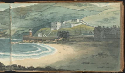 Album met landschaps- en figuurstudies: een verlaten haven omringd door heidevelden
