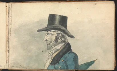 Album van landschap- en figuurstudies: Profiel van een man met een paraplu