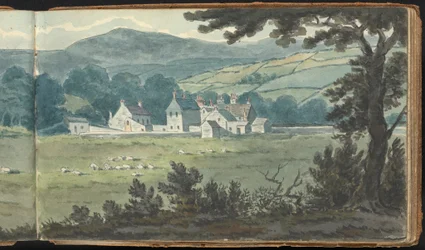 Album van Landschap- en Figurenstudies: Landelijk landschap met boerderij en grazende schapen