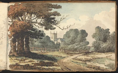 Album van landschap- en figuurstudies: Landelijk tafereel met kerk