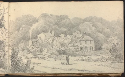 Album van Landschap- en Figurenstudies: Landelijk Tafereel met Huizen en een Jager met Zijn Hond