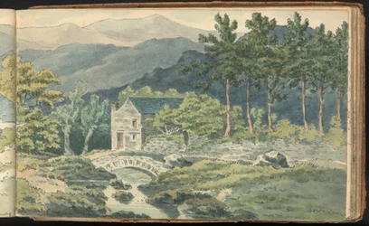 Album van landschap- en figuurstudies: Twee huizen langs een weg in de bergen