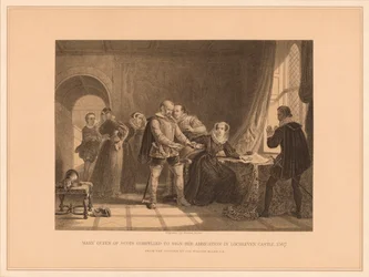 Mary Queen of Scots gedwongen haar troonsafstand te ondertekenen in Lochleven Castle