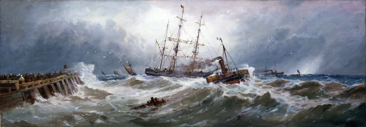 Een Franse sleepboot trekt een boot in de haven van Boulogne (Frankrijk), op moeilijke zeeën