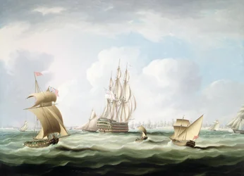 Een eersteklas schip met een vice-admiraal van de witte vloot en andere schepen in de baai van Cadiz
