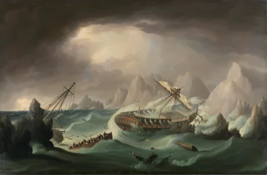 Schipbreuk bij een rotsachtige kust