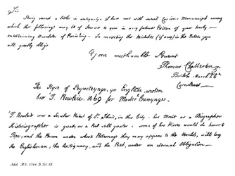 Deel van een brief van Thomas Chatterton aan Horace Walpole, eind 18e eeuw, 1840