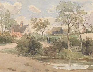 Landelijk Landschap met Huisje, Windmolen, Schuren en Figuren met Vijver op de Voorgrond