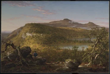 Uitzicht op de twee meren en Mountain House, Catskill Mountains, Ochtend
