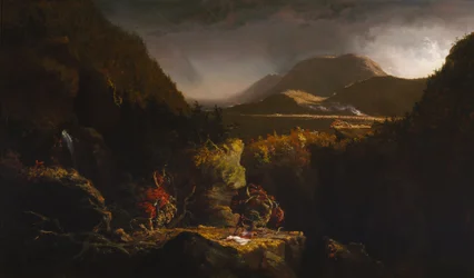 Landschap met figuren: Een scène uit "De laatste der Mohikanen".