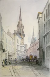 Uitzicht langs Lombard Street, kijkend naar het oosten, met figuren en rijtuigen, City of London, 1851