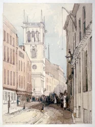 Uitzicht op All Hallows Church, gebouwen en figuren op Bread Street, City of London, 1851