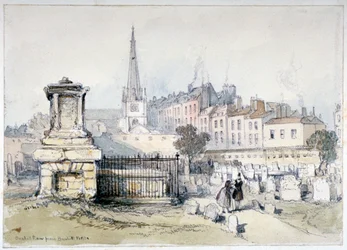 Uitzicht op Bunhill Row vanaf Bunhill Fields, Finsbury, Islington, Londen, ca. 1860