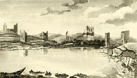 Noordelijk uitzicht op de ruïnes van Clomines, Co. Wexford