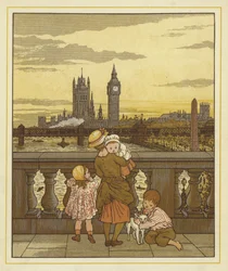 Een vrouw staat met een baby, twee kinderen en een hond