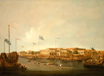 De Hongs in Canton vanuit het zuidoosten, met een regatta op de Pearl rivier