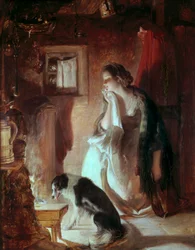 Het treurige hart, Een jonge vrouw bij het vuur, verdrietig gezicht vanwege een verdriet.