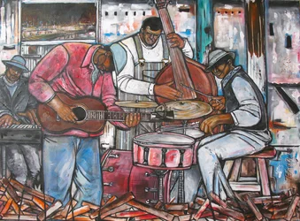 Blues in de Rouge, 2014 (gemengde techniek op doek)