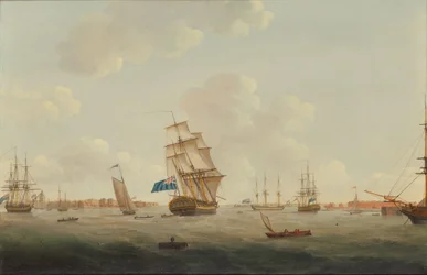 Een panorama van de haven van Portsmouth met oorlogsschepen en andere schepen