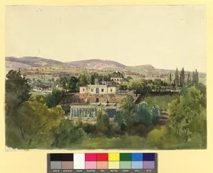 Uitzicht vanaf Döbling op het Kahlengebirge en de villa van baron Johann von Lang (Nußwaldgasse 19 respectievelijk 22)