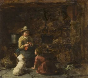 Cottage interieur met twee kinderen, ca. 1850
