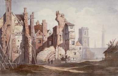 Sloop van oude huizen bij Walbrook voor de aanleg van King William Street, City of London, 1834