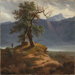 Landschap met een wandelaar