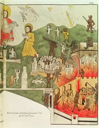 Het laatste oordeel, naar een origineel schilderij in de kapel van de Drie-eenheid in Stratford Upon Avon, Warwickshire
