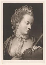 Vrouw met een kanten halsband, een diadeem en waaier