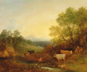 Een Landschap met Vee en Figuren bij een Stroom en een Verre Brug, c.1772-4