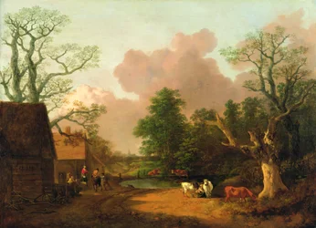 Een Landschap met Figuren, Boerderijgebouwen en een Melkmeisje, c.1754-6