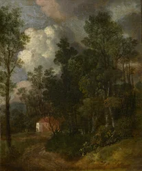 Een bebost landschap met figuren bij een huis, ca. 1752