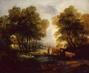 Een bebost landschap met herder, koeien en schapen bij een vijver